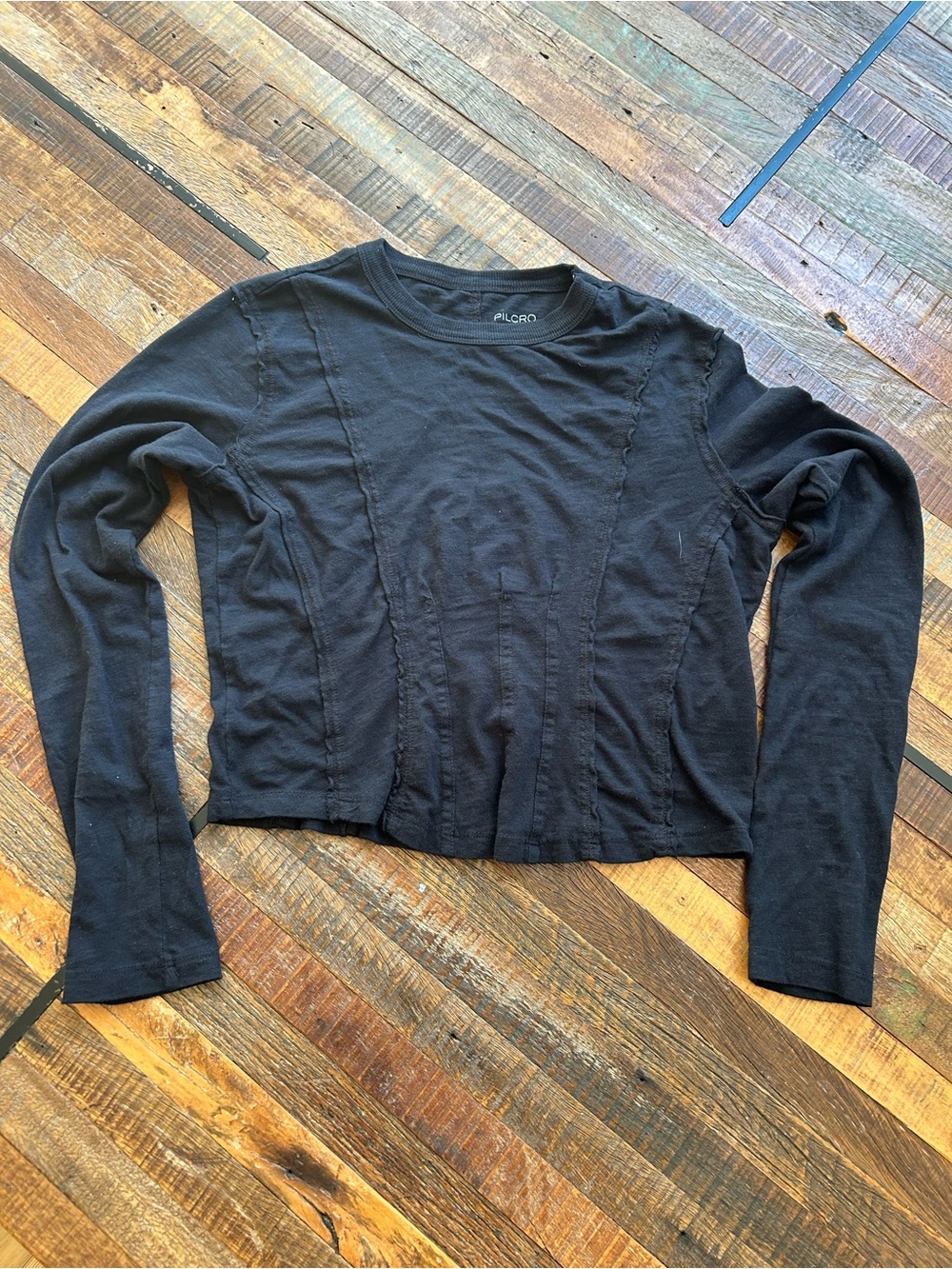 Anthrpologie-PILCRO Black Cotton Crew Neck Long Sleeve Crop Shirt -Corset Front